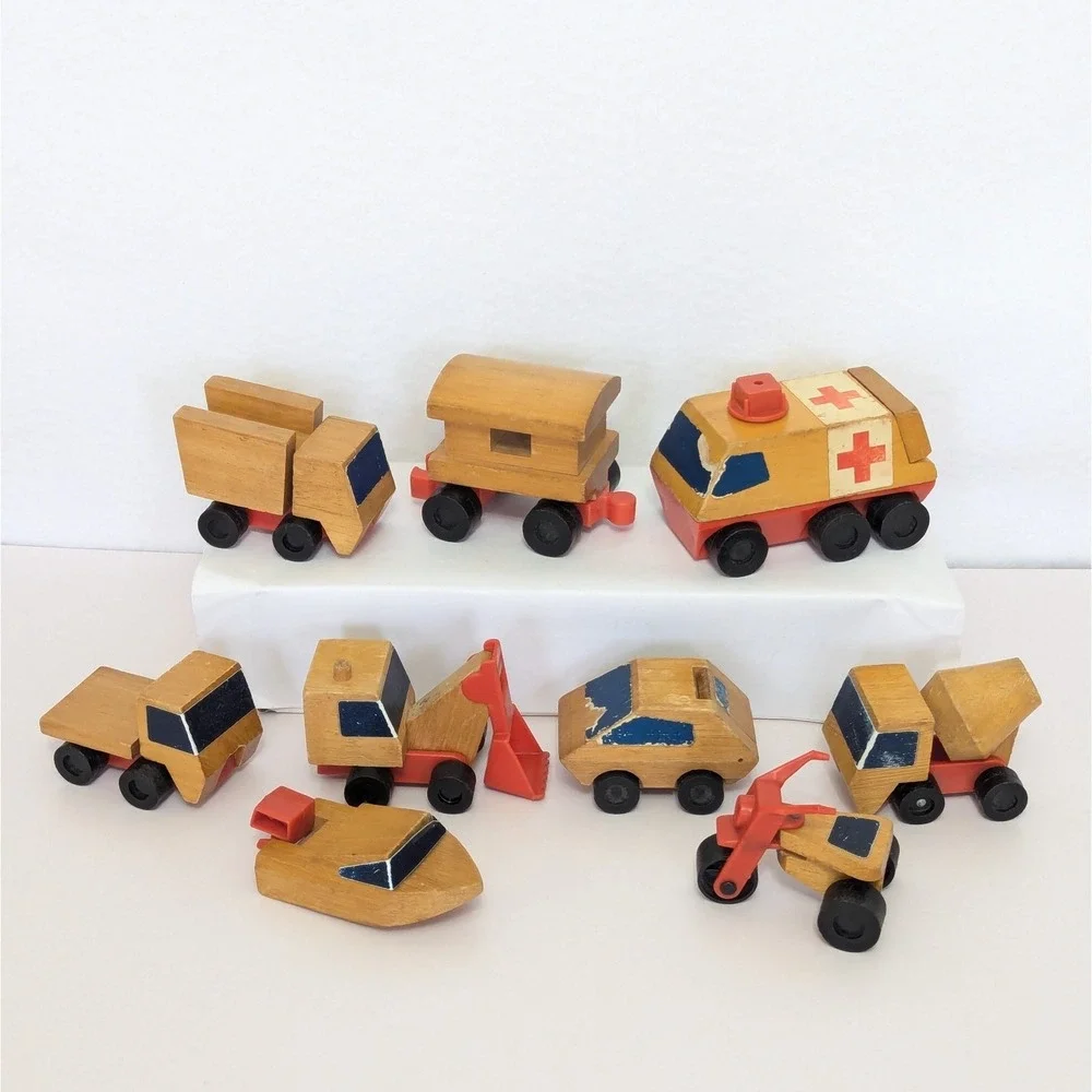 Vtg Lot of 9 Mattel Putt-putt Wood Toy Vehicles Truck Ambulance Boat Car Train
